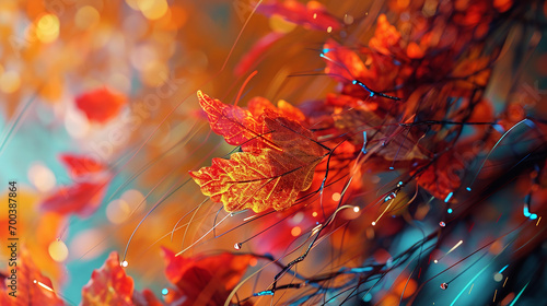An autumn-themed background with holographic leaves and minimalist lines, disrupted by a warm-toned digital glitch, blending nature and technology.