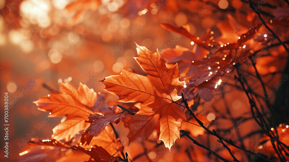 An autumnal scene with holographic leaves in warm tones, subtly connected by thin, minimalist lines, creating a sense of unity and harmony. An autumnal scene with holographic leaves in warm tones, subtly connected by thin, minimalist lines, creating a sense of unity and harmony.