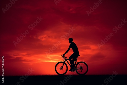 A cyclist's silhouette against a crimson sky. Generative AI