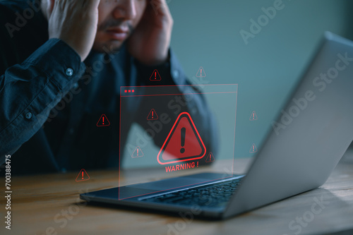 System warning hacked alert, cyber attack on computer network. Cybersecurity vulnerability, data breach, illegal connection, compromised information concept. Malicious software, virus and cybercrime. photo