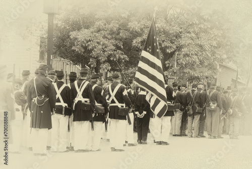 Union troops marching in column formation, photo