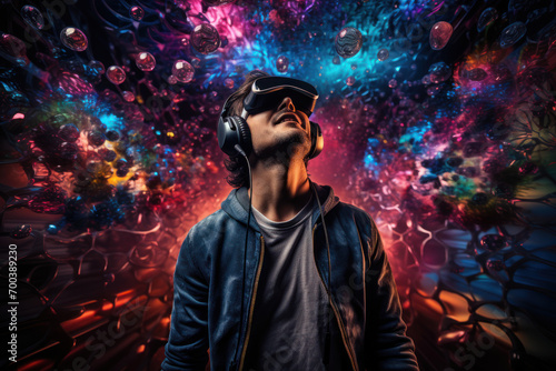 A human experiencing a multisensory entertainment experience, illustrating the evolution of entertainment technologies. Concept of immersive entertainment. Generative Ai.