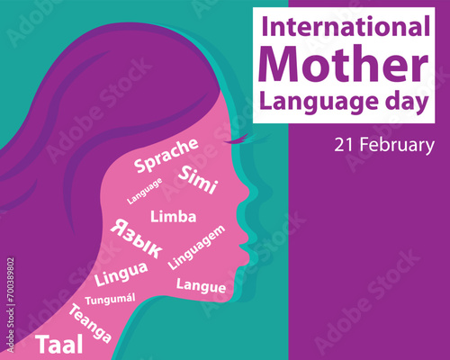 illustration vector graphic of a woman's head contains text in different languages, perfect for international day, mother language day, celebrate, greeting card, etc.