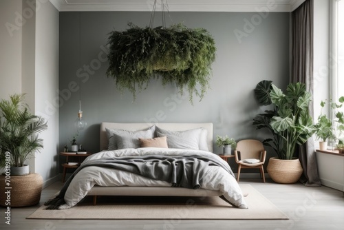 Nordic interior home design of modern bedroom with bed and empty wall with copy space photo