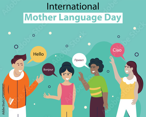 illustration vector graphic of four people greet each other in different languages, perfect for international day, mother language day, celebrate, greeting card, etc.