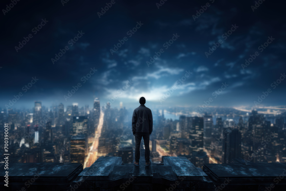 A silhouette of a solitary figure gazing at a city skyline from a rooftop, pondering the vastness of urban landscapes and personal aspirations. Concept of contemplation. Generative Ai. A silhouette of a solitary figure gazing at a city skyline from a rooftop, pondering the vastness of urban landscapes and personal aspirations. Concept of contemplation. Generative Ai.