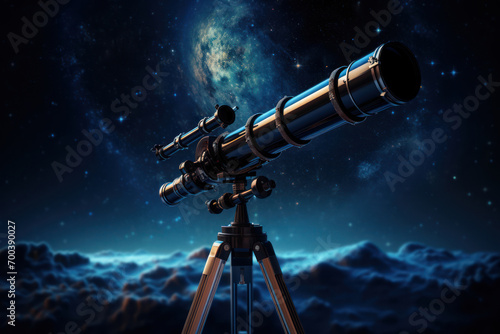 A telescope pointed at the night sky, revealing distant galaxies and celestial bodies, highlighting the boundless mysteries of the universe. Concept of cosmic exploration. Generative Ai.