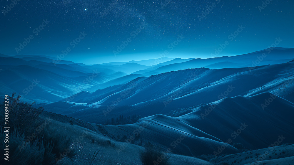 Surreal landscape, rolling hills under a starry night sky, shades of blue dominating, blue background Surreal landscape, rolling hills under a starry night sky, shades of blue dominating, blue background