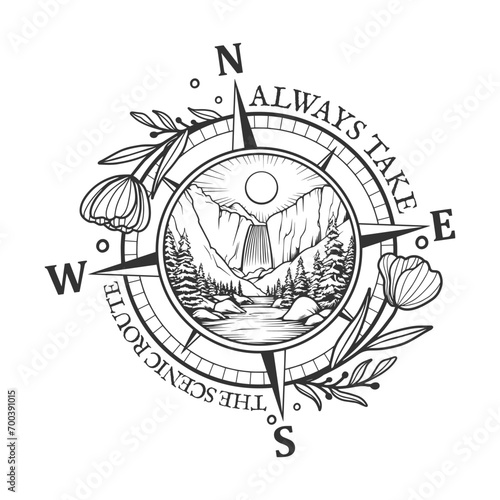 Always take the scenic route Illustration Clip Art Design Shape. Compass Silhouette Icon Vector.
