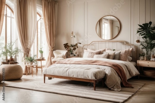 Bohemian interior home design of modern bedroom with bed with wooden cabinet beside the beige bed