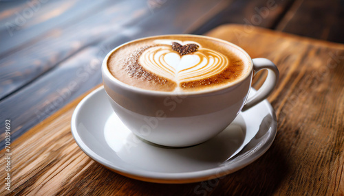 steaming cup of cappuccino adorned with a heart-shaped foam design on a saucer  symbolizing warmth and love