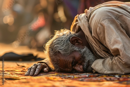 In a moment of intense devotion, a man prostrates on the ground, his forehead touching the earth, in an ultimate act of surrender and humility.