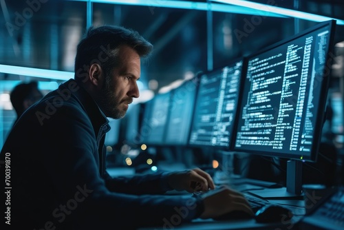 In a government cybersecurity agency, a businessman inputs a classified code into a secure terminal, initiating a nationwide encryption protocol to protect citizen data. photo