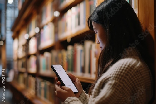 In a quiet library corner, a woman holds her smartphone sideways, the white screen displaying an educational tutorial, her focus undisturbed by the surrounding silence.