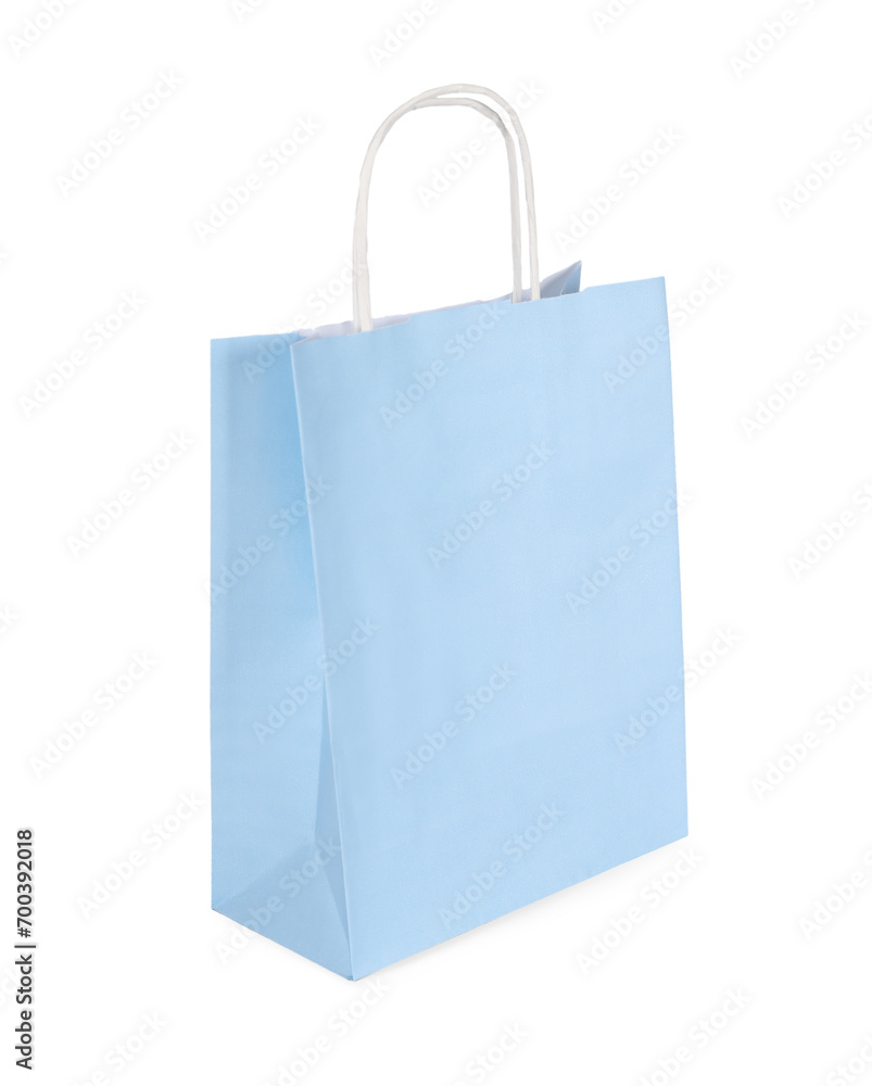 One light blue paper shopping bag on white background One light blue paper shopping bag on white background