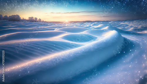 landscape with undulating snowdrifts under serene blue sky, evoking tranquility and seasonal beauty