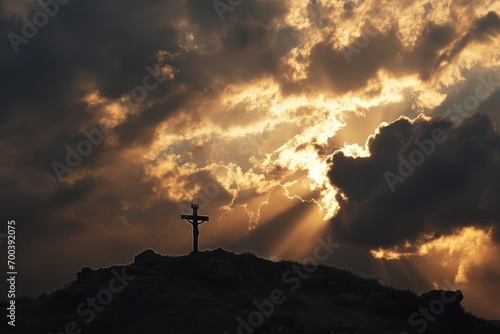 Over Golgotha Hill  a burst of celestial brilliance breaks through the clouds  casting the holy cross in a silhouette of unwavering faith and sacrifice.