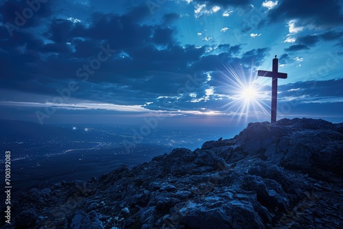 Over Golgotha Hill, a sky of deep indigo is pierced by shards of heavenly light, each one pointing to the holy cross, the epicenter of faith and forgiveness Fototapet