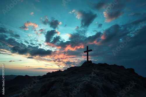 Over Golgotha, the sky paints a story of redemption, each cloud a stroke of grace, with the cross central to the narrative of love's ultimate sacrifice.