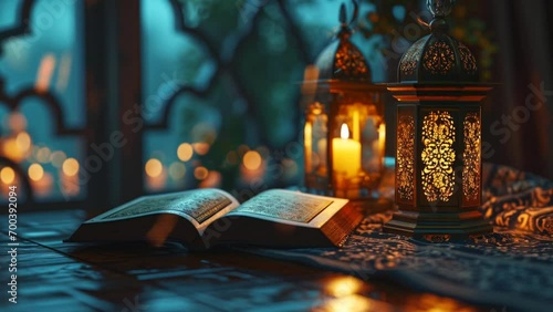 Ramadan decorations with Islamic lanterns, and the Quran by the window with a beautiful view. Seamless looping time-lapse virtual video animation background  photo