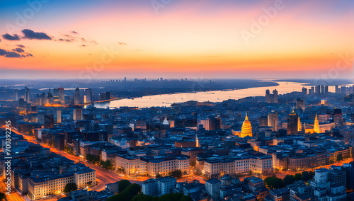View on the city in the sunset © gmstockstudio