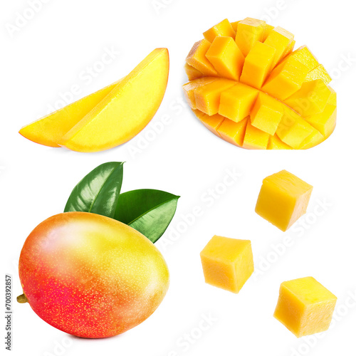 Whole and cut mango fruits isolated on white