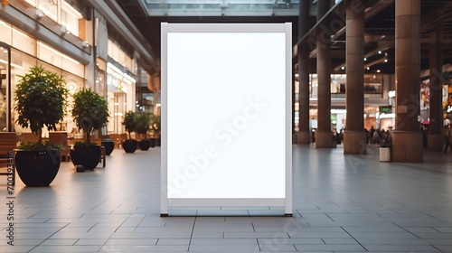 A mockup poster stand within a shopping centerة mall setting or high street, showcasing a wide banner design featuring ample blank space for your content photo