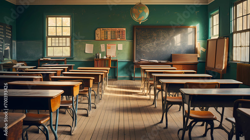 Tela Unused Classroom with Vintage Wooden Desks and Chalkboards