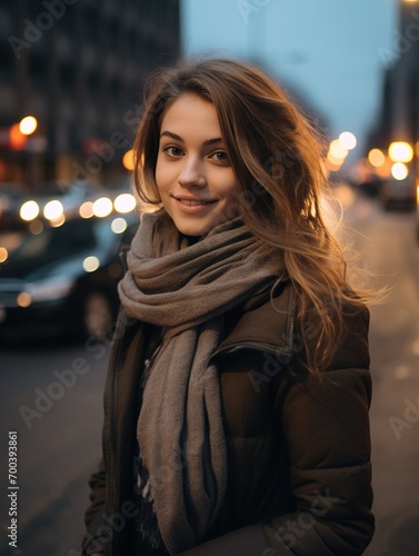 beautiful young woman at night, walking on city street outdoors