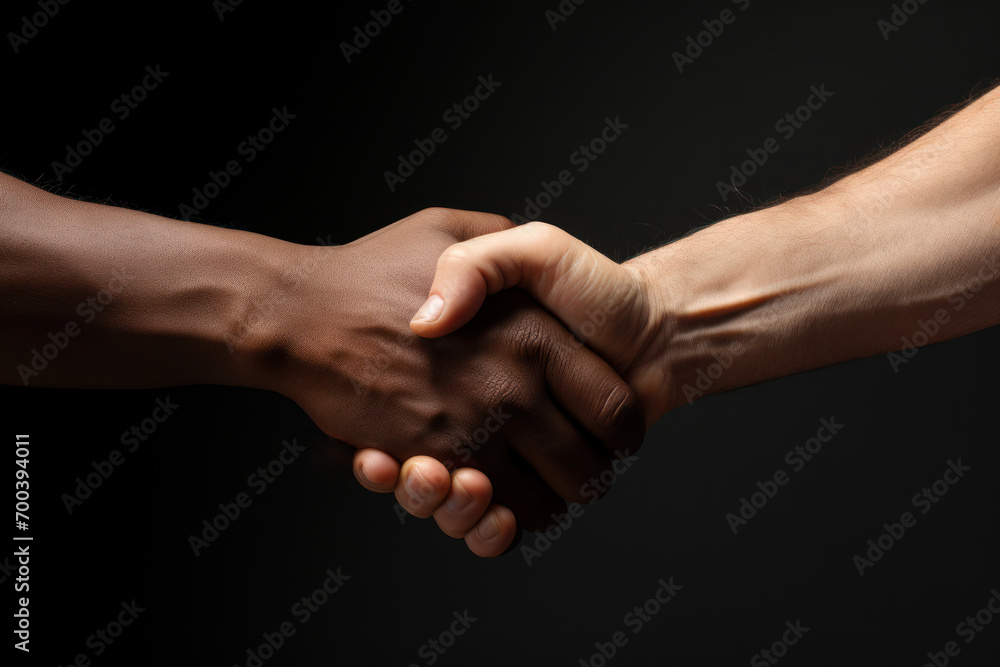A symbolic handshake between people of various ethnicities, emphasizing unity and the shared commitment to social justice. Generative Ai.