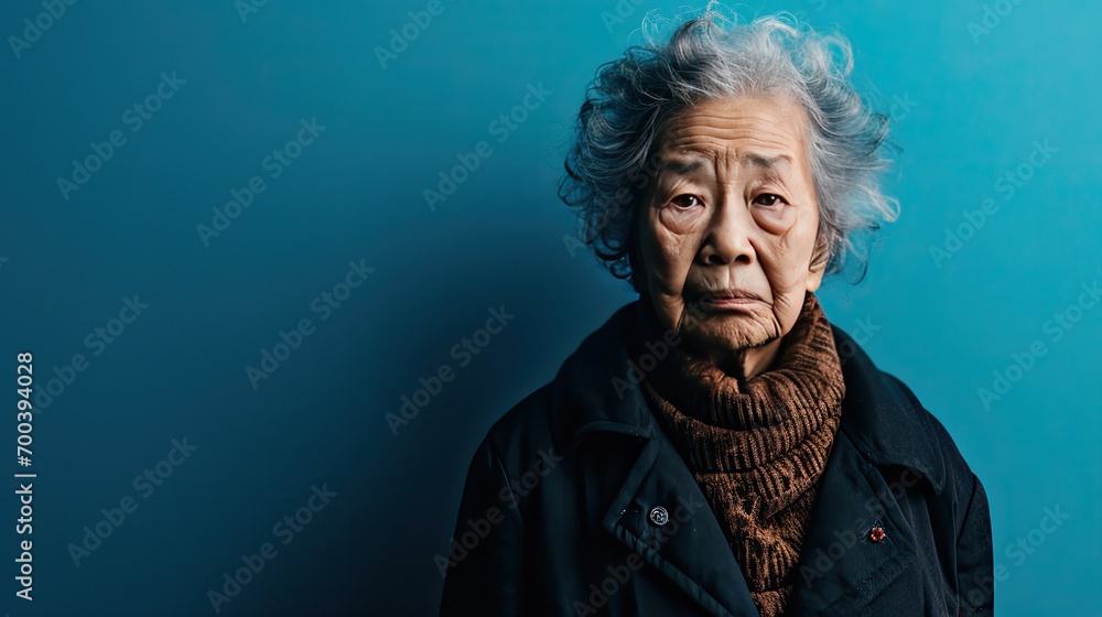 80 year old Asian woman with sad facial expression on blue background with copy space 80 year old Asian woman with sad facial expression on blue background with copy space