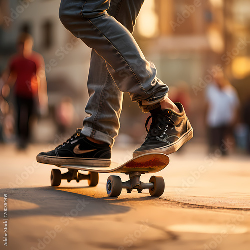 A close-up of a skateboarder's feet executing a trick.