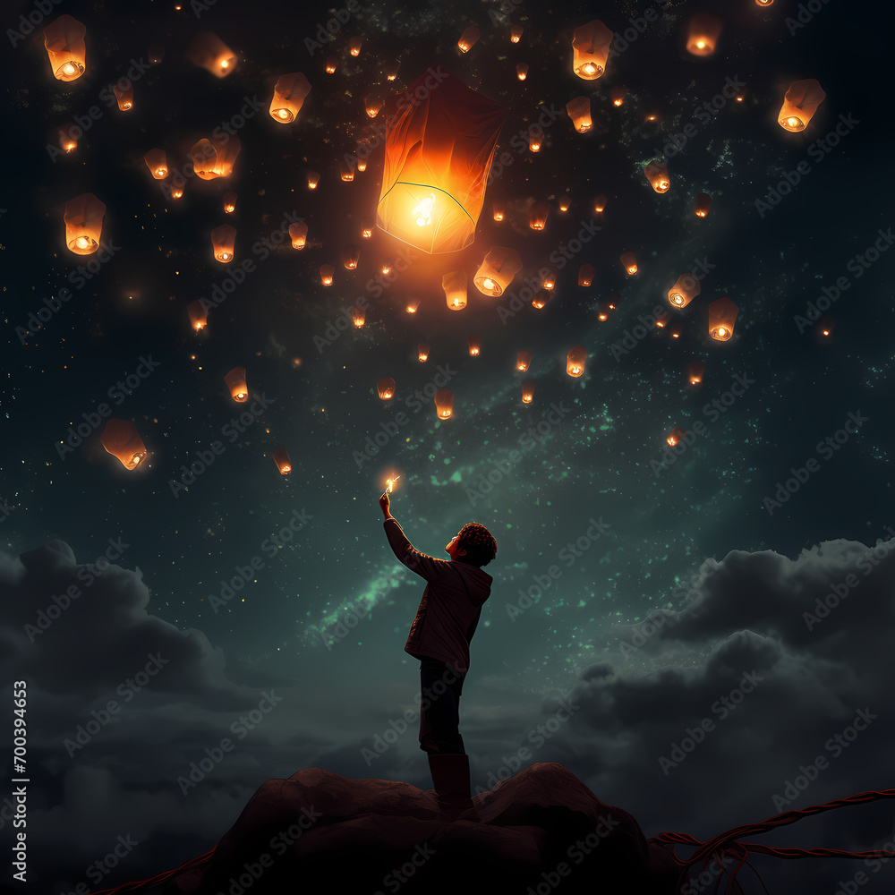 A person releasing a lantern into the night sky.
