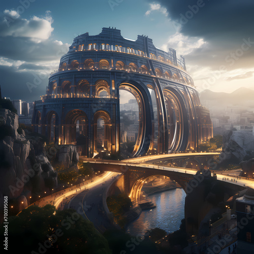 Ancient coliseum in a futuristic city photo