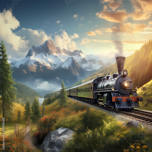 A vintage train traveling through a scenic landscape.