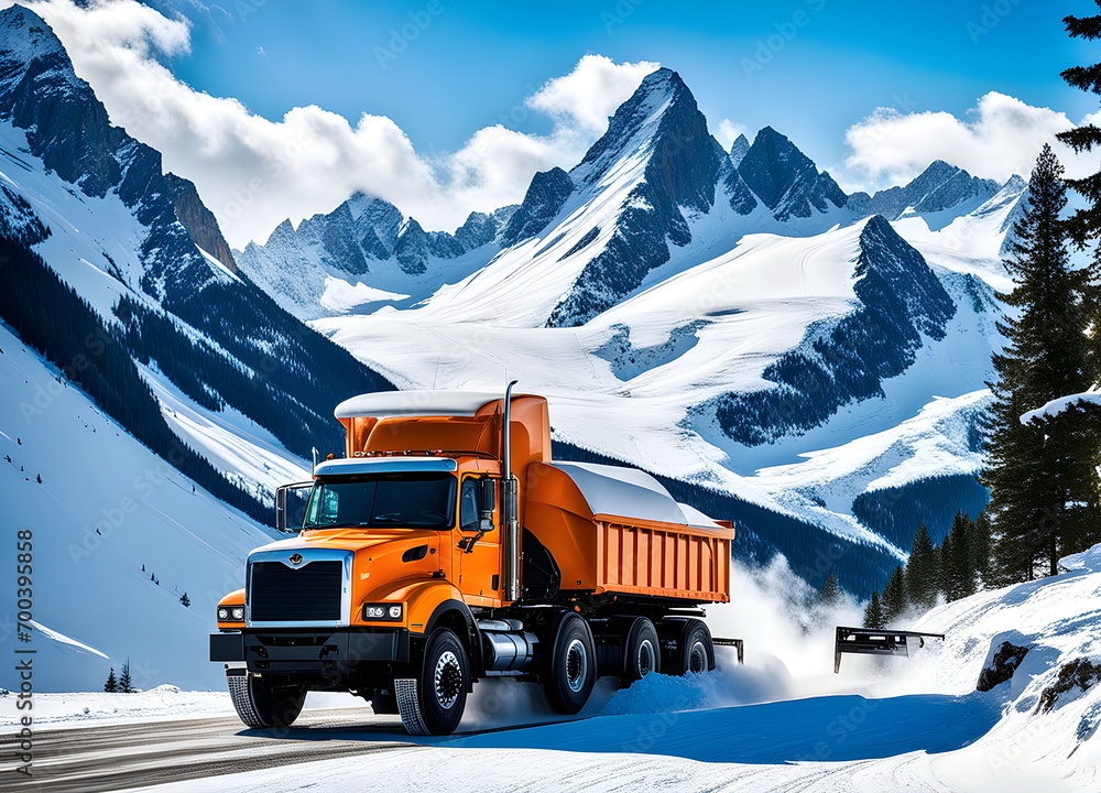 Truck drives through the snowy mountains Truck drives through the snowy mountains