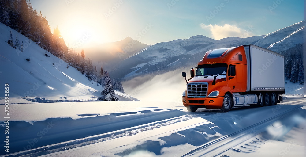 Truck drives through the snowy mountains Truck drives through the snowy mountains