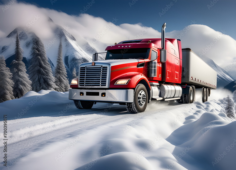 Truck drives through the snowy mountains Truck drives through the snowy mountains