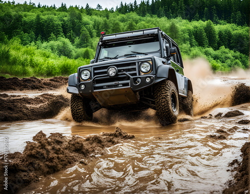 Off road car drives in mud © gmstockstudio