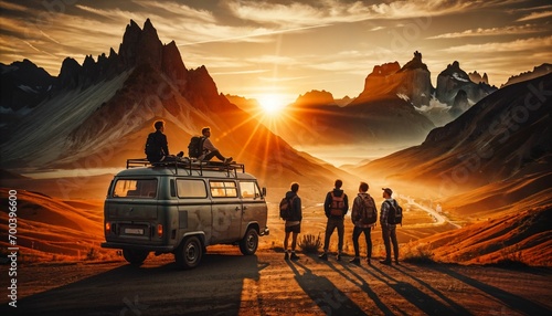 Traveling friends enjoying a sunset by the van - concept of adventure and camaraderie photo
