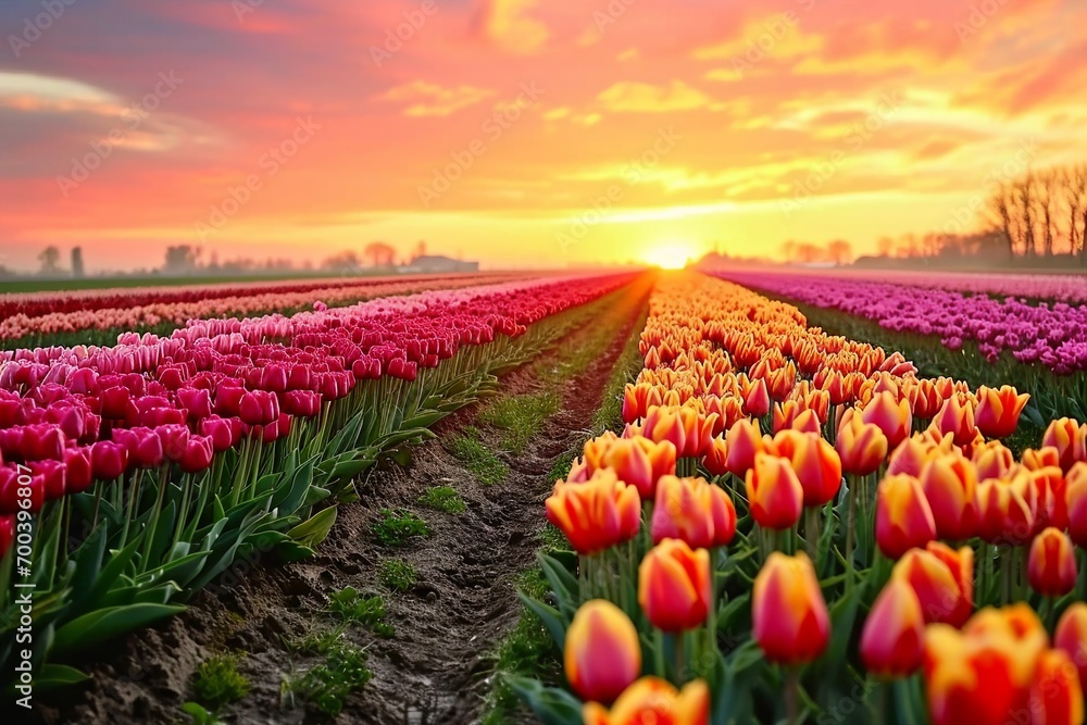 Incredibly beautiful spring landscape with rows of tulips in the holland at sunrise. generative ai.