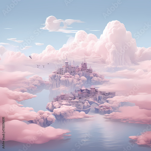 Floating islands in a pastel-colored sky