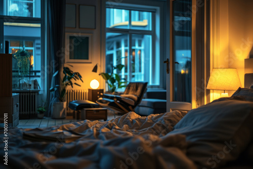 a modern living space with luxurious bedroom interior design at the night time, composition with messy bed, leather armchairs, closet, and artium view from the windows... photo