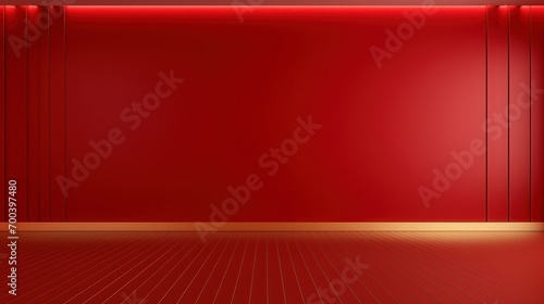 Simple minimalistic red wall with empty floor and gold trim