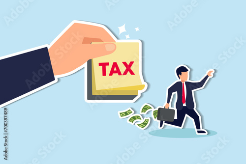 Tax evasion, illegal hide revenue and avoid paying government tax, fraud and money laundering or financial crime concept, frustrated businessman run away with full of money banknotes from tax bills.