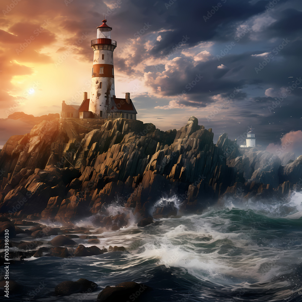 Mystical lighthouse on a rocky coastline