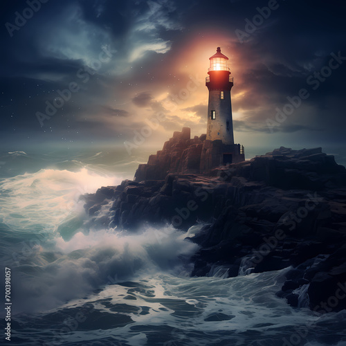 Mystical lighthouse on a rocky coastline © Cao