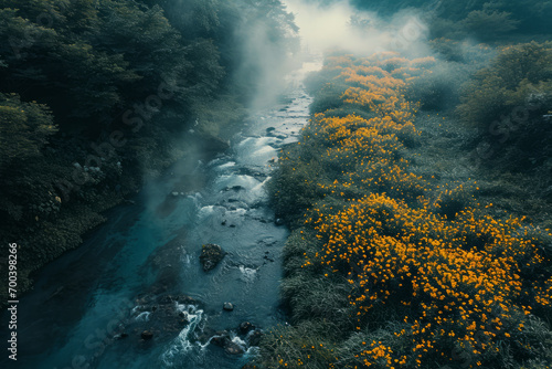 Have a cozy vacation in a secret realm in mountain area, stream with open-air hot spring, smoky atmosphere, surround with lovely field and flowers, cinematic style, with bird-eye view... © Kuo