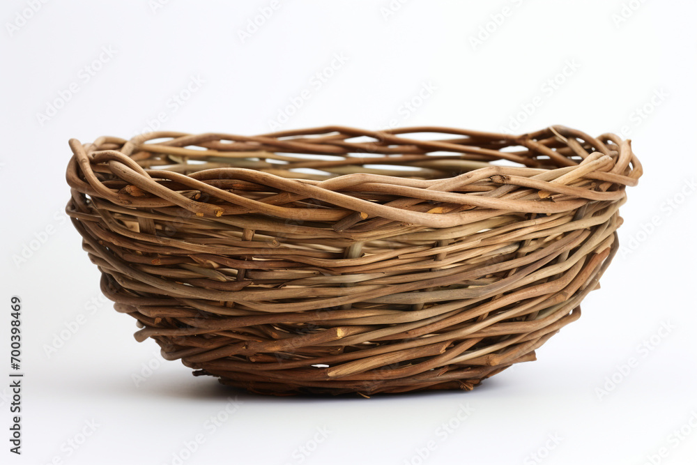 Fototapeta premium wicker basket, brown basket on white background, basket of vines, series, white background, isolated