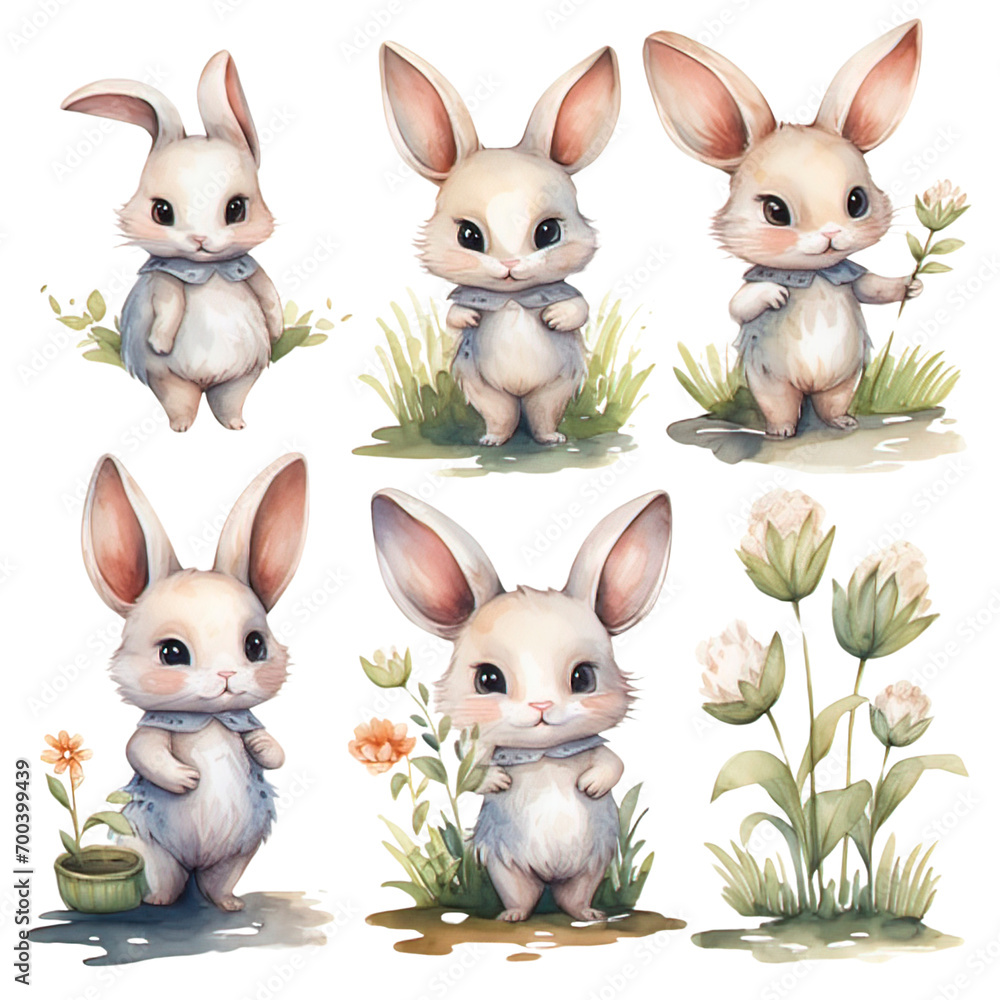 Fototapeta premium Watercolor bunny ester Clipart Collection on a transparent background 